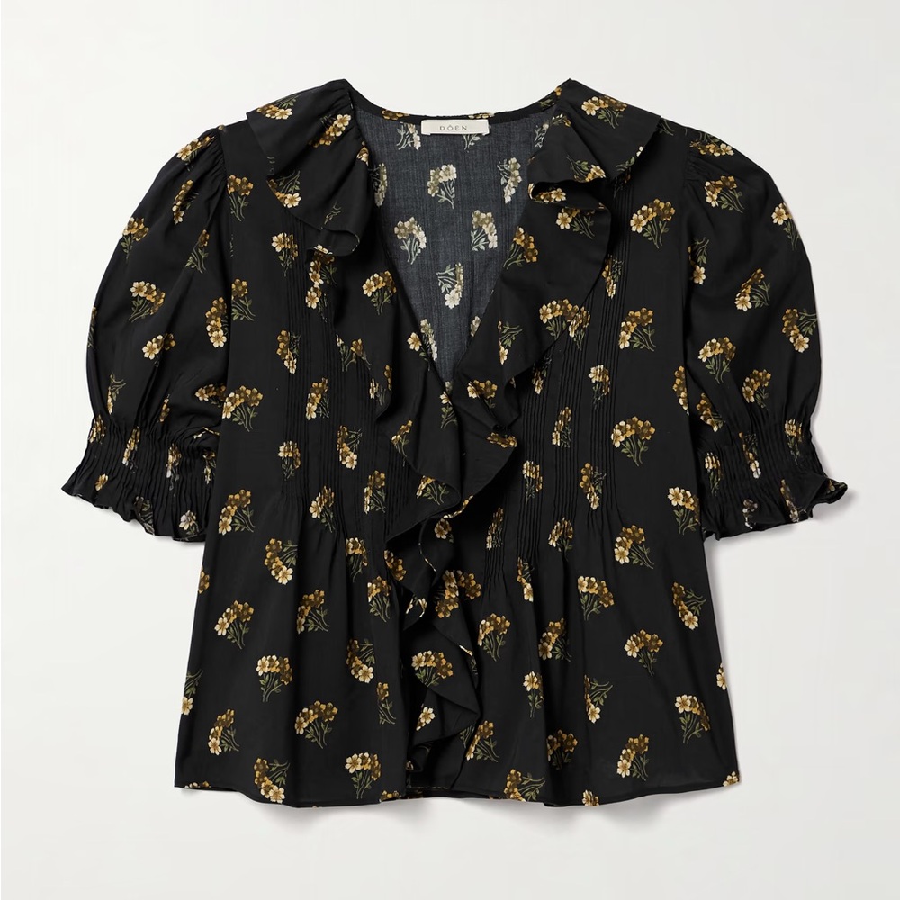 Doen Henri ruffled pintucked floral-print organic cotton-blend voile top Size M